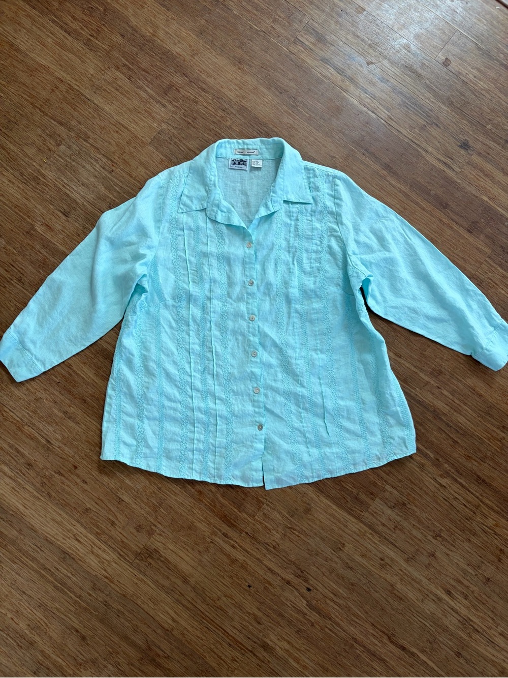 Edward 100% Irish Linen Shirt Aqua Blue Eyelet Pintuck Button Down Plus Sz 3X